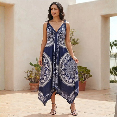 Vestido Indiano Boho Frente Única Estilo Lenço Chic Azul