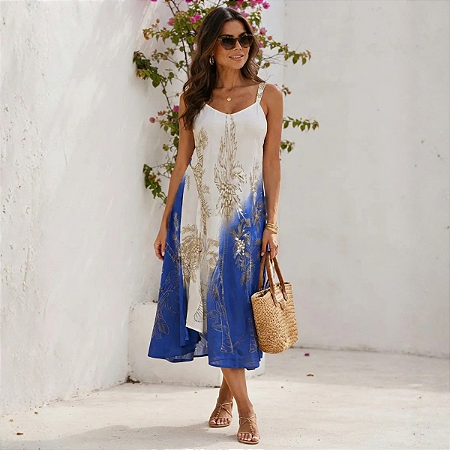 Vestido Trapézio Moda Indiano Viscose Soltinho Confortável Azul com branco