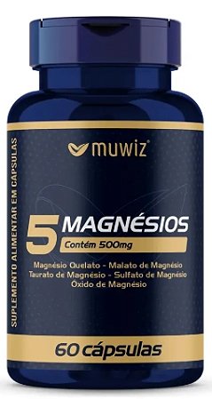 5 Magnésios - Quelato + Malato + Taurato + Sulfato + Óxido - 60 Cápsulas Muwiz