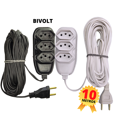 Extensão Elétrica com 10, 5, 3 e 2 Metros de Cabo 3 Furos e 2 Pinos 10A