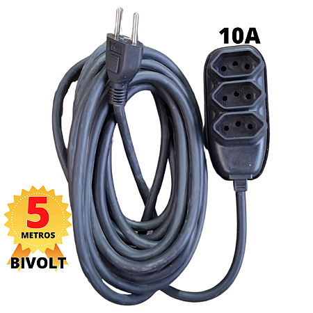 Extensão 2, 3 e 5 Metros Preto Cabo PP 2x2,5 Grosso 10A