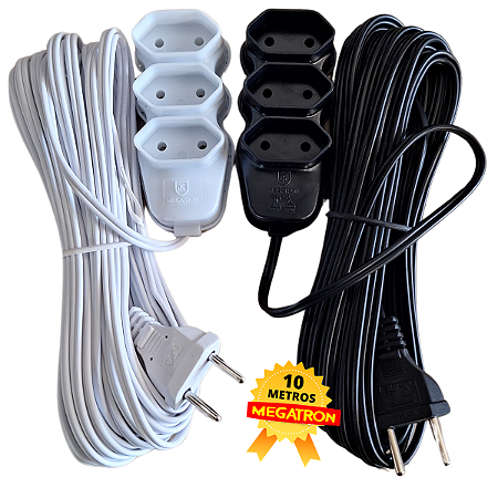 Extensão Branco ou Preto Bipolar 10A Megatron Varios Tamanhos Bivolt