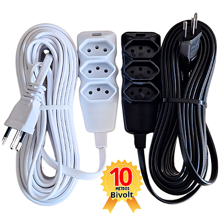EXTENSÃO 2P+T BRANCO E PRETO BIPOLAR 10A Megatron