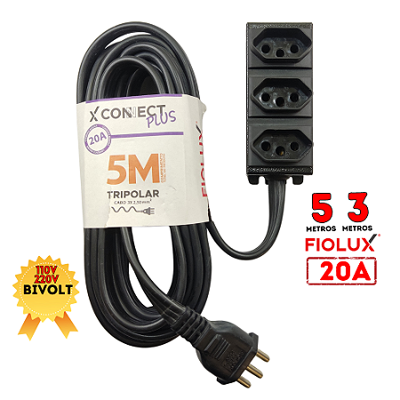 Extensão Plus 20A 5 e 3 Metros Tripolar Preto da Fiolux
