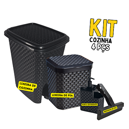 Kit de Cozinha com Lixeira, Rodinho, Porta Sabão Rattan Arqplast