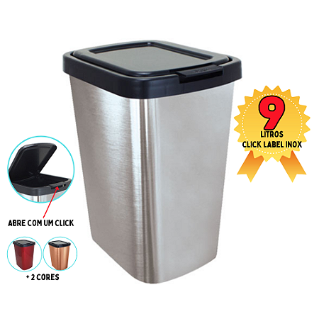 Lixeira 9L C/Tampa Click Label Inox Prata, Vermelho ou Rose Arqplast