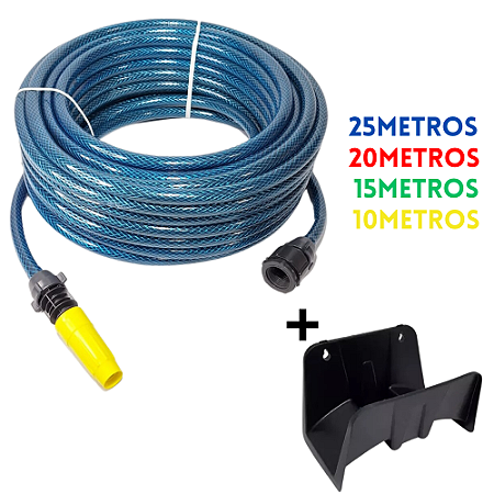 Mangueira Trançada + bico e engate Flexcolor de 10 até 25 metros da Montrey + Suporte de Mangueira