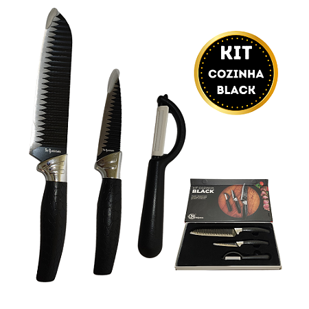 Kit com 3 Utensílios Black Descascador e Duas Facas Metal