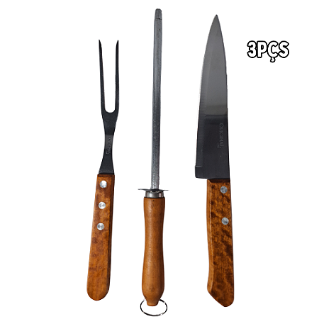 Kit Churrasco com 3 Pçs Faca, Chaira e Garfo Trinchante em Inox