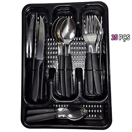 Conjunto Inox Talheres Porta Talher Jogo 25 Peças P Cozinha