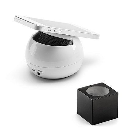 Caixa de som com microfone e suporte para celular preta