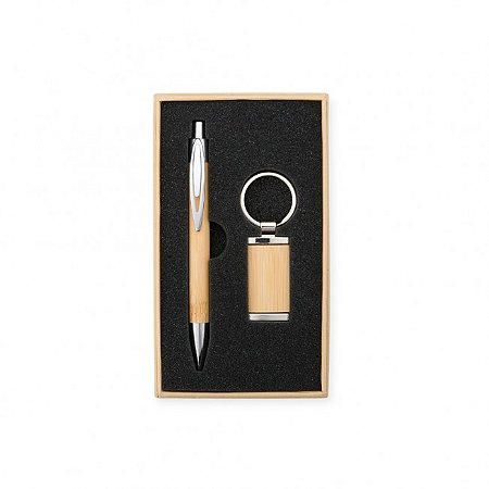 Kit Presente 2 Peças Em Bambu Caneta E Chaveiro
