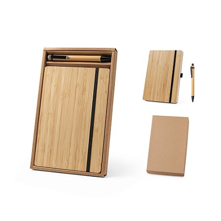 Conjunto de caderno A5 e esferográfica em Bambu em Caixa Presente