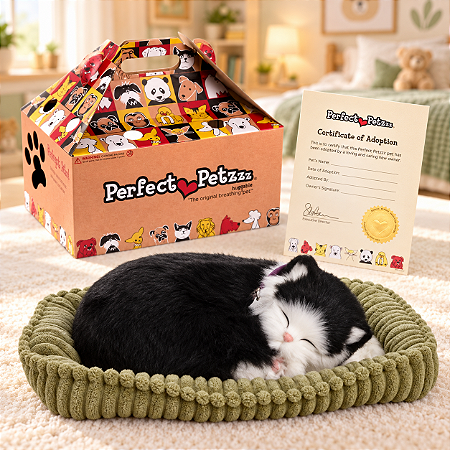 Gato Filhote Pelúcia Perfect Petz Respira Preto e Branco Com Pilha