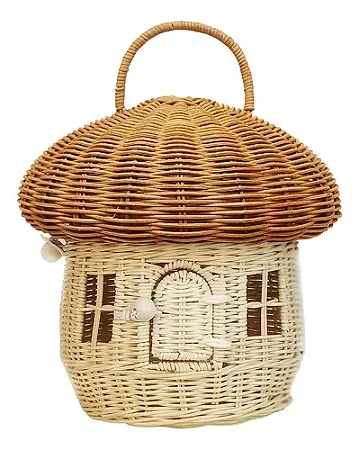 Cesto Organizador Casinha Cogumelo De Bambu Natural Redondo