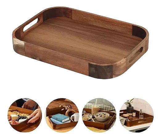 Bandeja Retangular Arredondada De Madeira Acácia 40cm