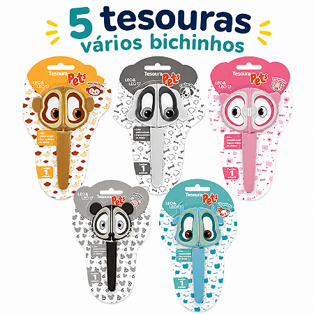 Kit 5 Modelos da Tesoura Escolar Infantil Pets Leo & Leo