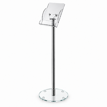 Display Expositor Porta Folder – Modelo de Chão com Tubos de Alumínio Polido e Peças em Acrílico