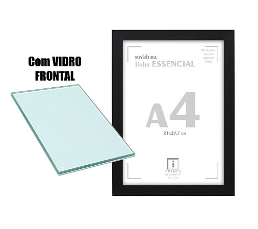 Moldura Quadro A4 21x30 cm Diploma Poster C/ Vidro - PRETA