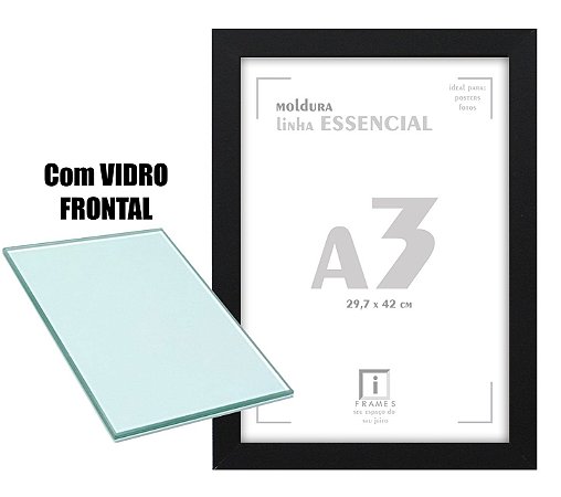 Moldura Quadro A3 30x42 cm Posters C/ Vidro - PRETA