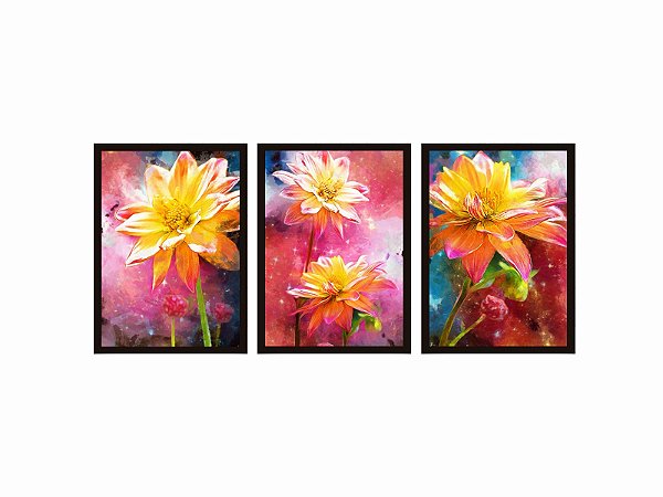 Conjunto Kit 03 Quadros - Trio Floral Colorido
