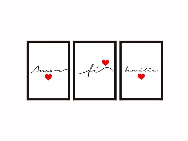 Conjunto Kit 03 Quadros - Trio Amor Fé Família