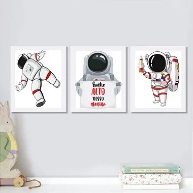 Conjunto Kit 03 Quadros Decorativos Infantil Menino Trio Astronauta