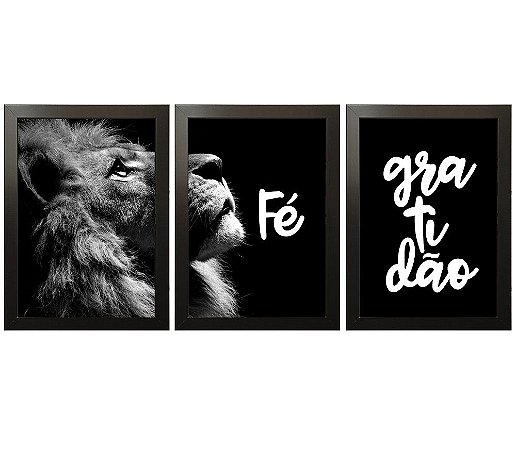 Kit 03 Quadros Decorativos Leao Fe Gratidao 105x45 Cm Iframes Decoracao Inovadora Geek Gamer Rock E Muito Mais
