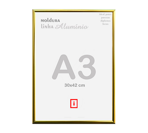 Moldura A3 30x42cm Alumínio Vidro Simples Alvará Certificado - DOURADA