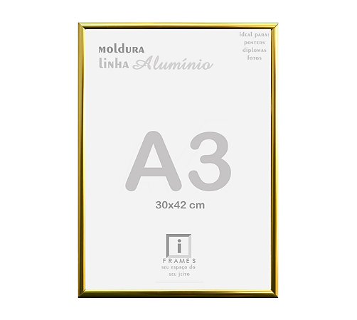 Moldura Alumínio Vidro Simples Alvará Certificado A3 30x42 - DOURADO