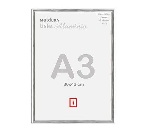 Moldura A3 30x42cm Alumínio Vidro Simples Alvará Certificado - PRATA