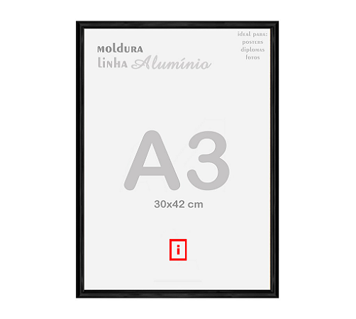 Moldura A3 30x42cm Alumínio Vidro Simples Alvará Certificado - PRETA