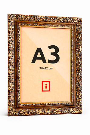Moldura A3 30x42 cm - COM VIDRO Clássica Dourada Entalhada P/ Posters Imagens