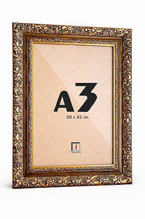Moldura A3 30x42 cm Clássica Dourada Entalhada P/ Posters Imagens - COM VIDRO