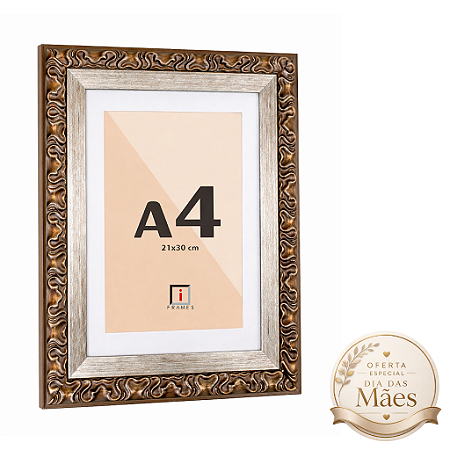 Moldura Premium A4 21x30 cm Clássica Ornamental C/ Acabamento Bronze Com Paspatur