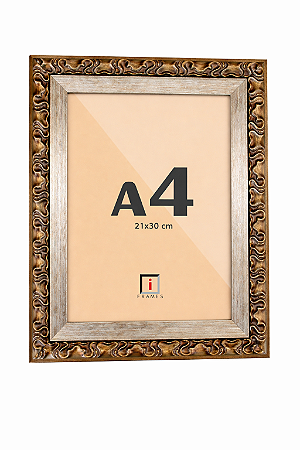 Moldura A4 21x30 cm Clássica Ornamental - Bronze Envelhecido com Filete Prata - VIDRO