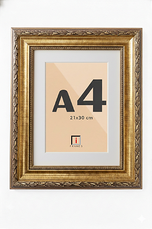 Moldura A4 21x30 cm Clássica Dourada Com Paspatur– Estilo Barroco P/ Imagens Fotos