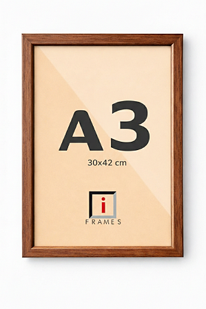 Moldura A3 30x42 cm Caixa alta 3x1,5 cm P/ Imagens - Madeira Nogueira C/ Vidro