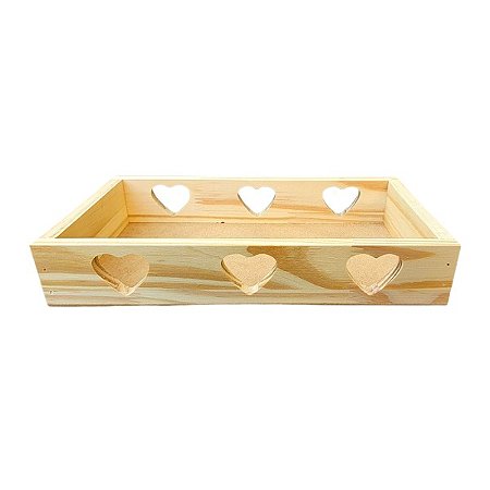 Bandeja em pinus  alça reta  laterais coração 30x17x5cm