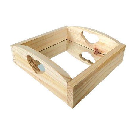 Bandeja espelhada em pinus alça curva de coração 28x28x9cm