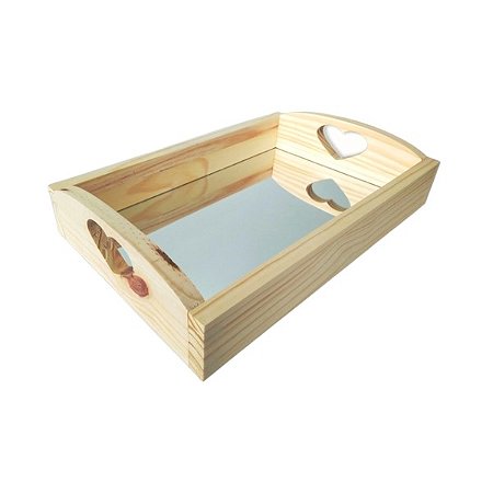 Bandeja espelhada em pinus alça curva de coração 430x28x9cm