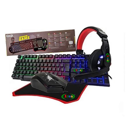 Kit Gamer Teclado Semi Mecânico RGB Mouse Headset e Mouse Pad 3600 DPI Profissional