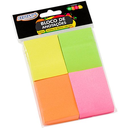 Bloco Notas Adesivas Brw 38X51mm Neon 4 Blocos 100 Folhas Cada