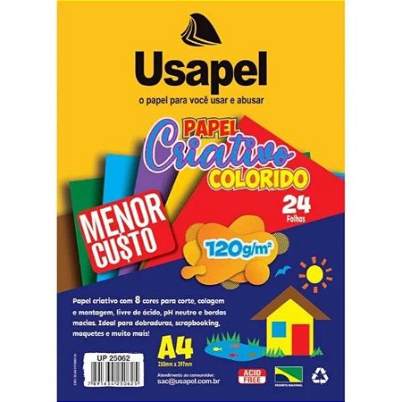 Bloco Papel Criativo Colorido Usapel A4 8 Cores 120g/m² 24 Folhas