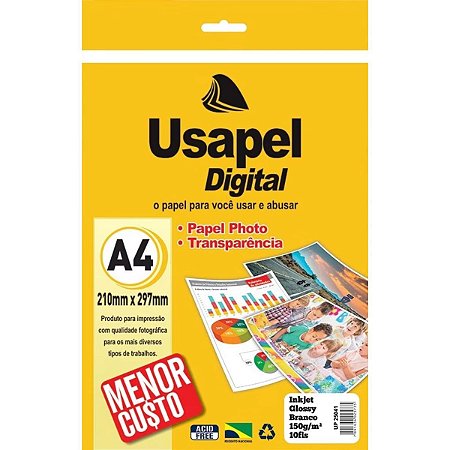 Bloco Inkjet Glossy Branco Usapel A4 150g/m² 10 Folhas