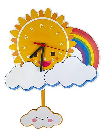 Relógio Infantil Quarto de Criança Com Pêndulo Sol Arco Íris