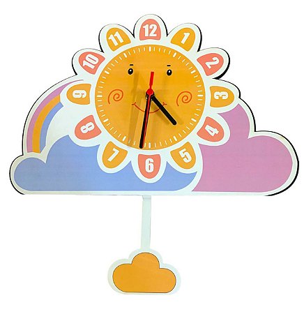 Relógio Infantil Quarto de Criança Com Pêndulo Sol Nuvem Rosa