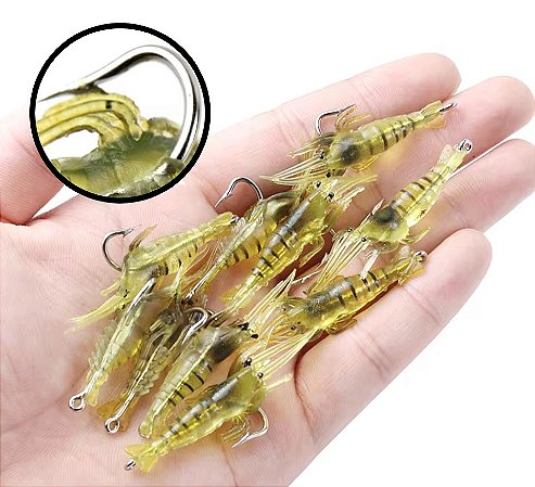 10 Isca Artificiais Camarão Amarelo com anzol 4cm