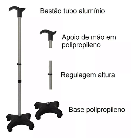 Bastão Ortopédico 4 Apoios Leve Altura Regulavel  Cor Preto