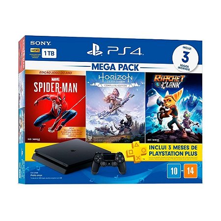 Console PS4 1TB + Jogo Spider-Man + Horizon Zero Dawn + Ratchet & Clank + 2  controles Pretos Console PS4 1TB + Jogo Spider-Man + Horizon Zero Dawn +  Ratchet & Clank +